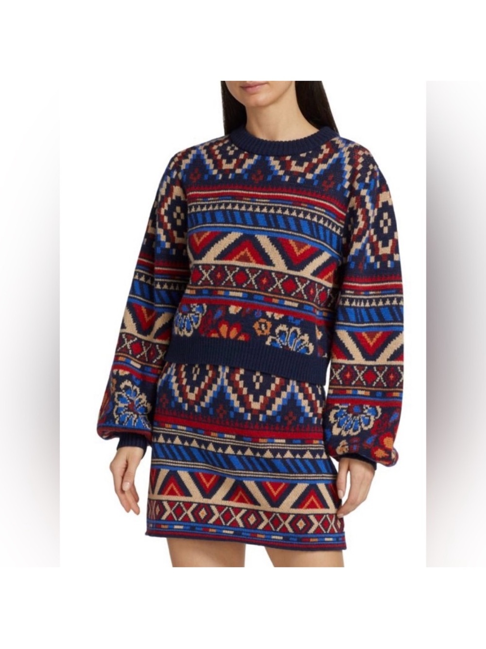 Patterned Navy and Red Crewneck Sweater farm Rio tapestry abstract floral xs